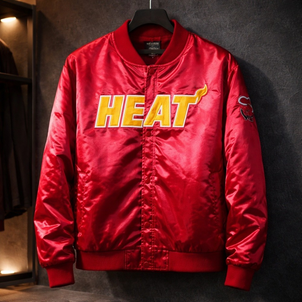 Miami Heat NBA Ultra Game Satin Bomber Jacket Mens 3XL Red Yellow Logo NWT $90